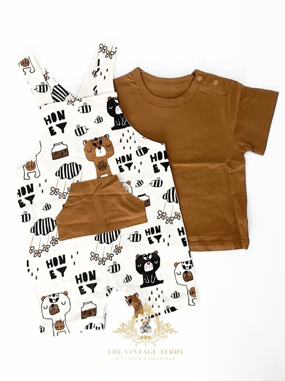 NWT Adorable Kids Overalls Dungarees 2 Piece Matching Set Honey Bear & Bees 3-6M